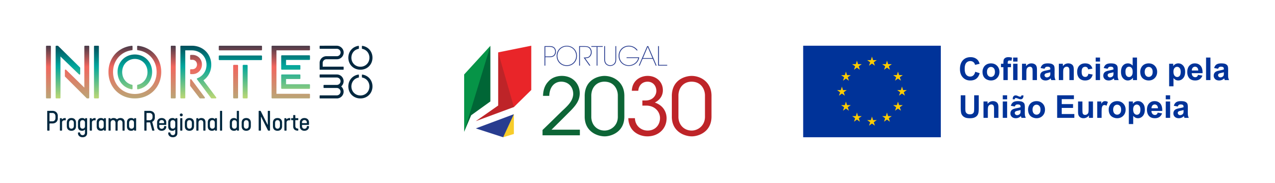 Logotipos do NORTE 2030, Portugal 2030 e União Europeia sobre fundo preto, com a indicação do Projeto NORTE2030 RHAQ.