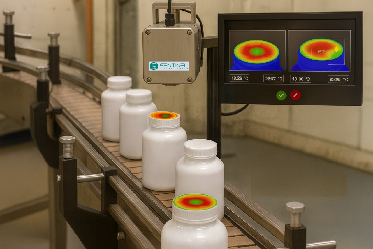 FOODBEVERAGE-Thermal-analysis White plastic bottles on a conveyor belt under a Sentinel inspection camera, with a monitor showing heat-map style detection images beside the line.