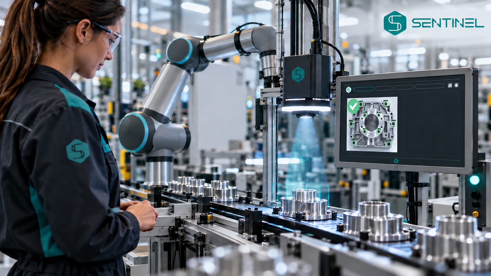 Future Quality A technician monitors a robotic quality inspection system on an automated production line, with a Sentinel machine vision screen and industry 5.0 branding visible.