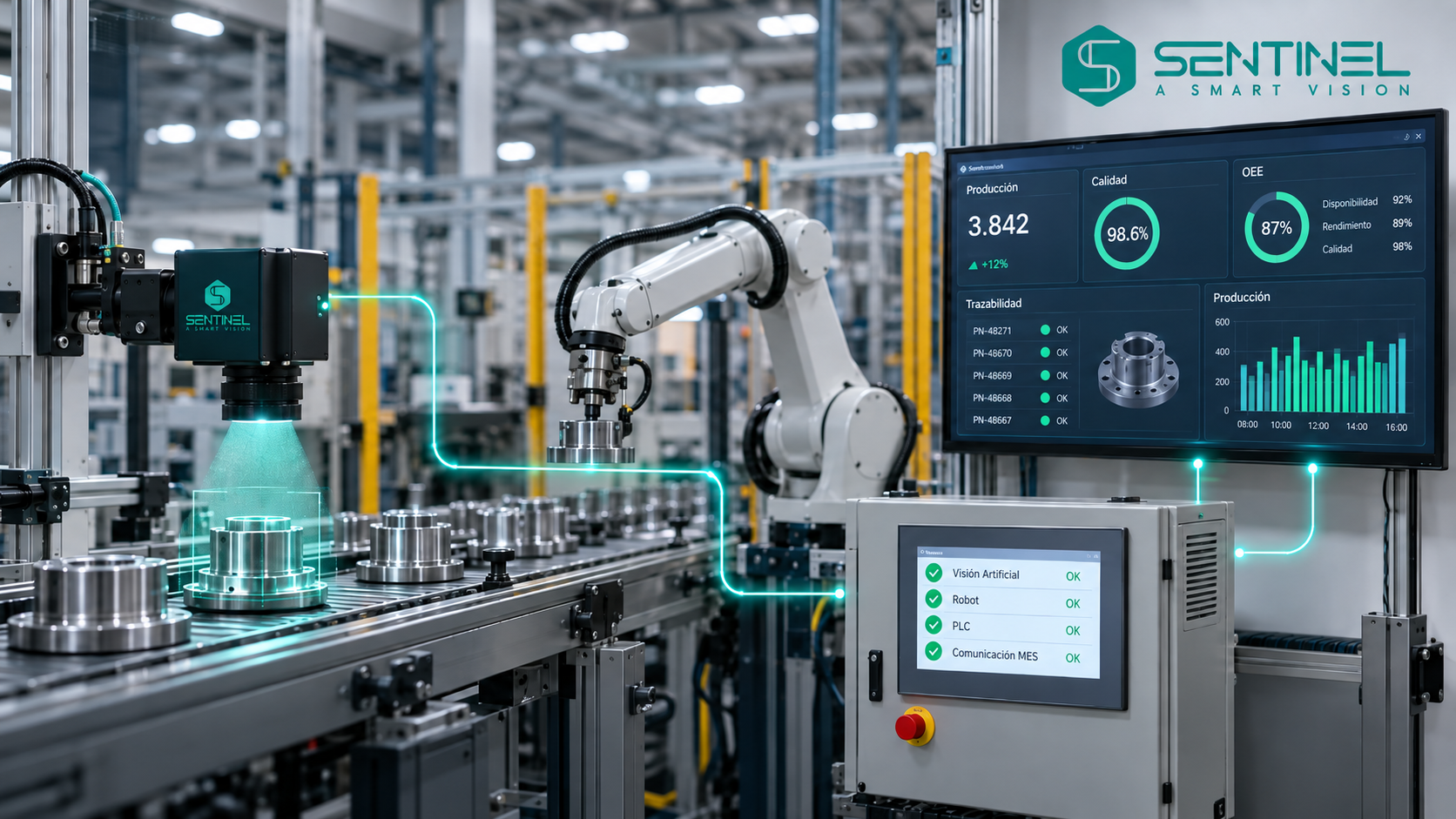 A robotic arm inspecting metal parts on an automated factory line with machine vision integration, while a control screen and Sentinel Smart Vision display production data in the background.