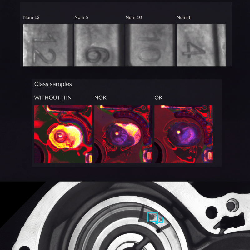 An industrial inspection display shows grayscale number samples, color-coded class samples labeled WITHOUT_TIN, NOK, and OK, and a large close-up of a mechanical circular component at the bottom.