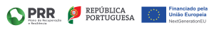 A row of logos for PRR, República Portuguesa, and the European Union on a black background, with a green circular emblem at the left.