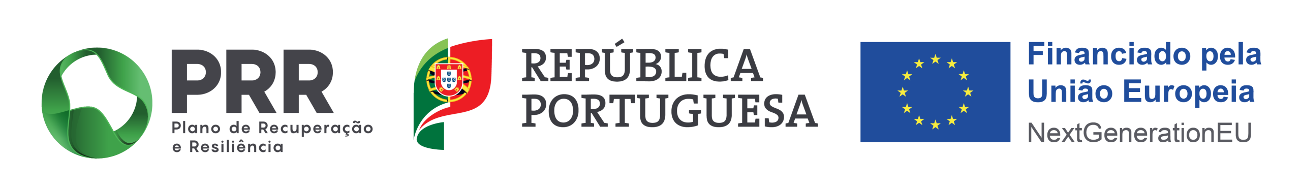 BARRA_PRR_CORES A row of logos for PRR, República Portuguesa, and the European Union on a black background, with a green circular emblem at the left.