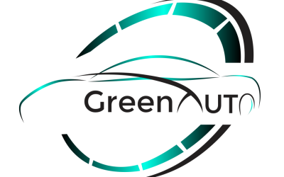 A GreenAuto logo with a teal circular swoosh around a black car silhouette on a dark background.