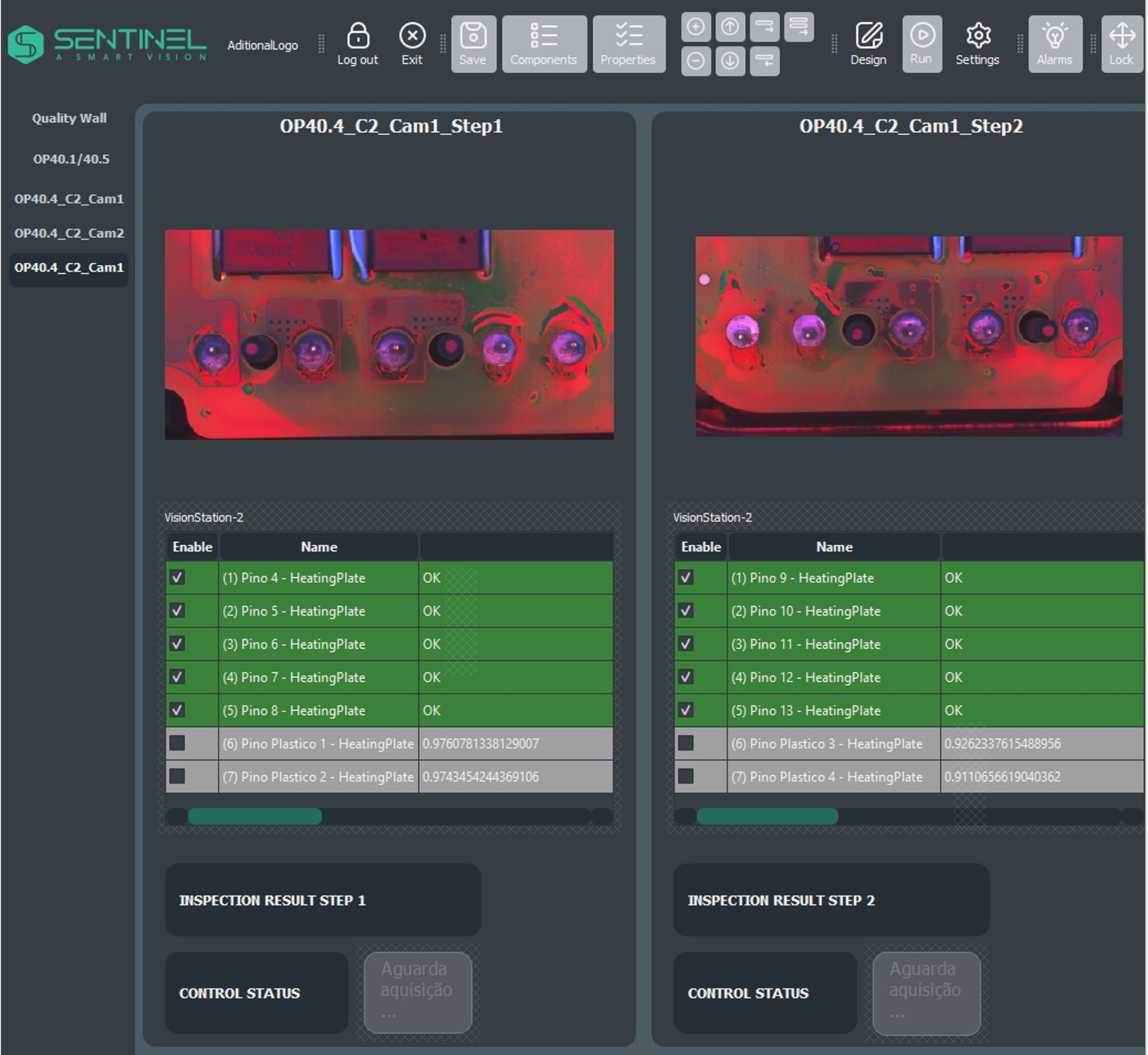 A Sentinel Vision industrial inspection dashboard shows two side-by-side camera step panels with red-tinted machine images and green OK status rows for heating plates.