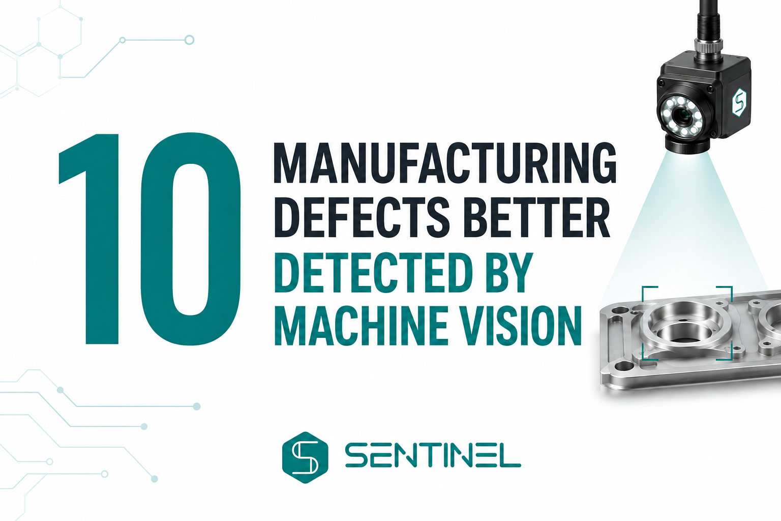 A promotional graphic with the number 10 and the text “Manufacturing defects better detected by machine vision,” showing a camera inspecting a metal part beside the Sentinel logo on a white background.