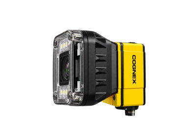 A Cognex In-Sight 7000 Series industrial vision camera with a yellow and black housing and clear front lens cover on a white background.