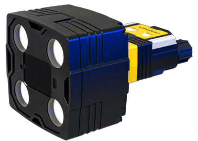 An In-Sight 2800 Series industrial vision sensor with four круглых white lenses on a black front face and yellow accents on a gray background.