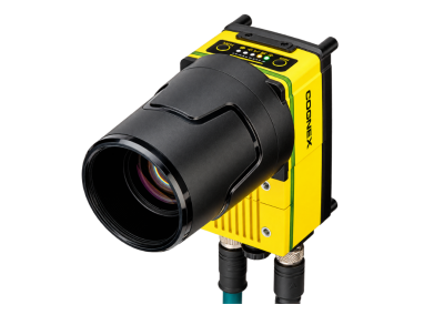 A yellow Cognex In-Sight 9000 Series industrial vision camera with a large black lens, shown on a black background with connected cables.