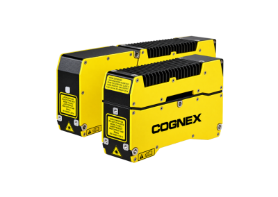 Two yellow Cognex In-Sight 3D sensor units with black fins on top, shown on a black background.