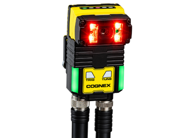 A Cognex In-Sight SnAPP industrial sensor with red indicator lights, shown front-on against a black background.