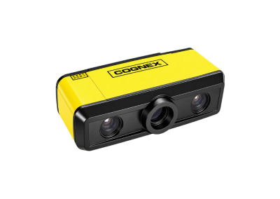 A Cognex 3D area scanning camera with a yellow top and black front, shown in a three-lens housing against a black background.