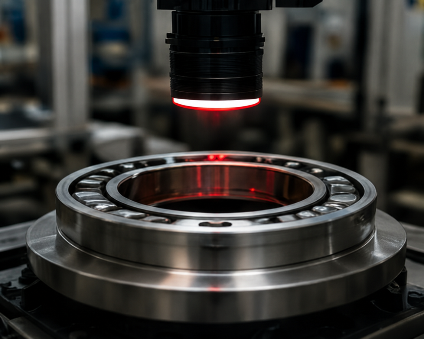 A close-up of a metal bearing ring on an industrial machine, with a black sensor or scanner hovering above it in a factory setting.