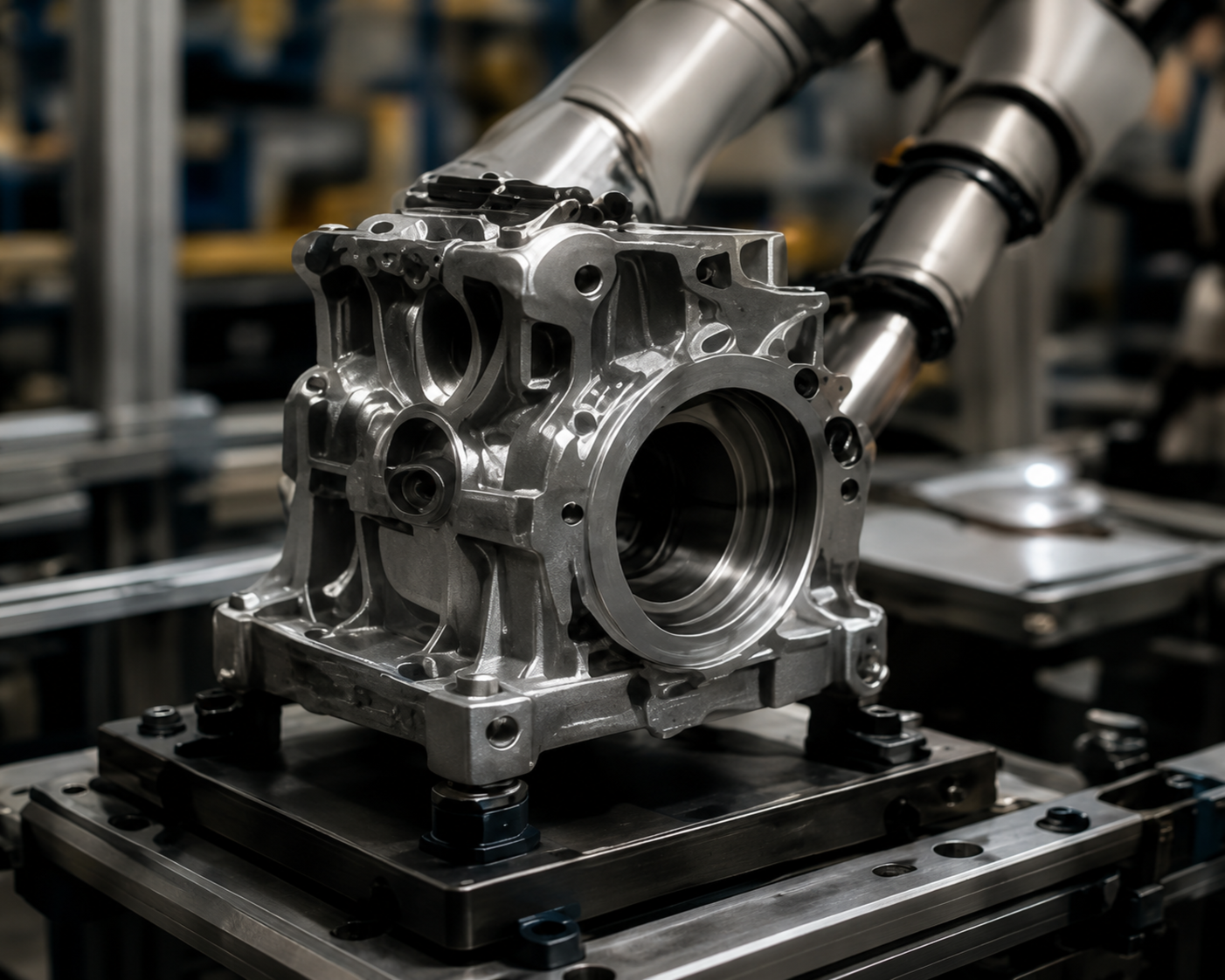 A machined aluminum engine housing mounted on a manufacturing fixture, with robotic arms blurred in the background.