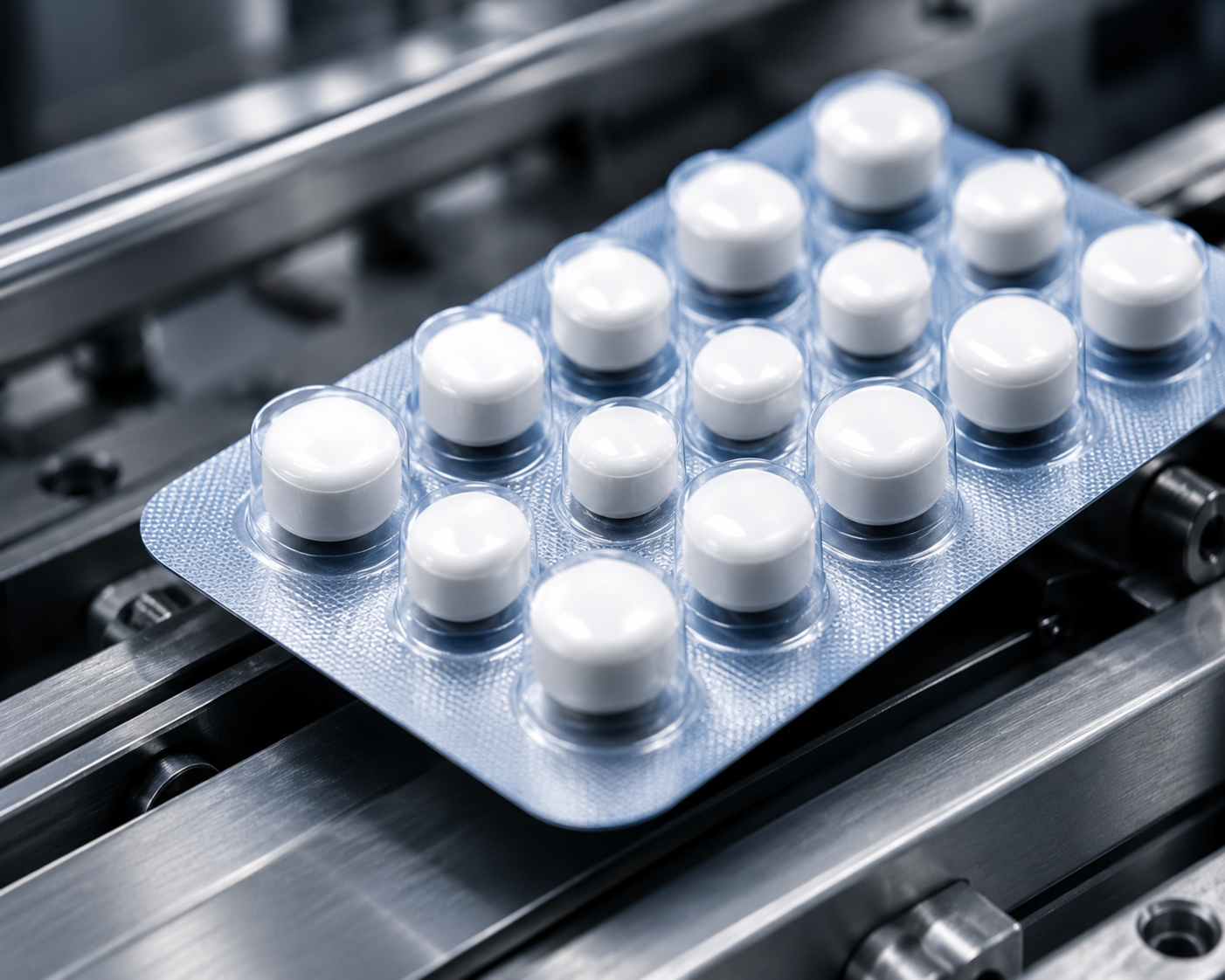 A blister pack of white tablets on a metal conveyor line, shown in close-up.